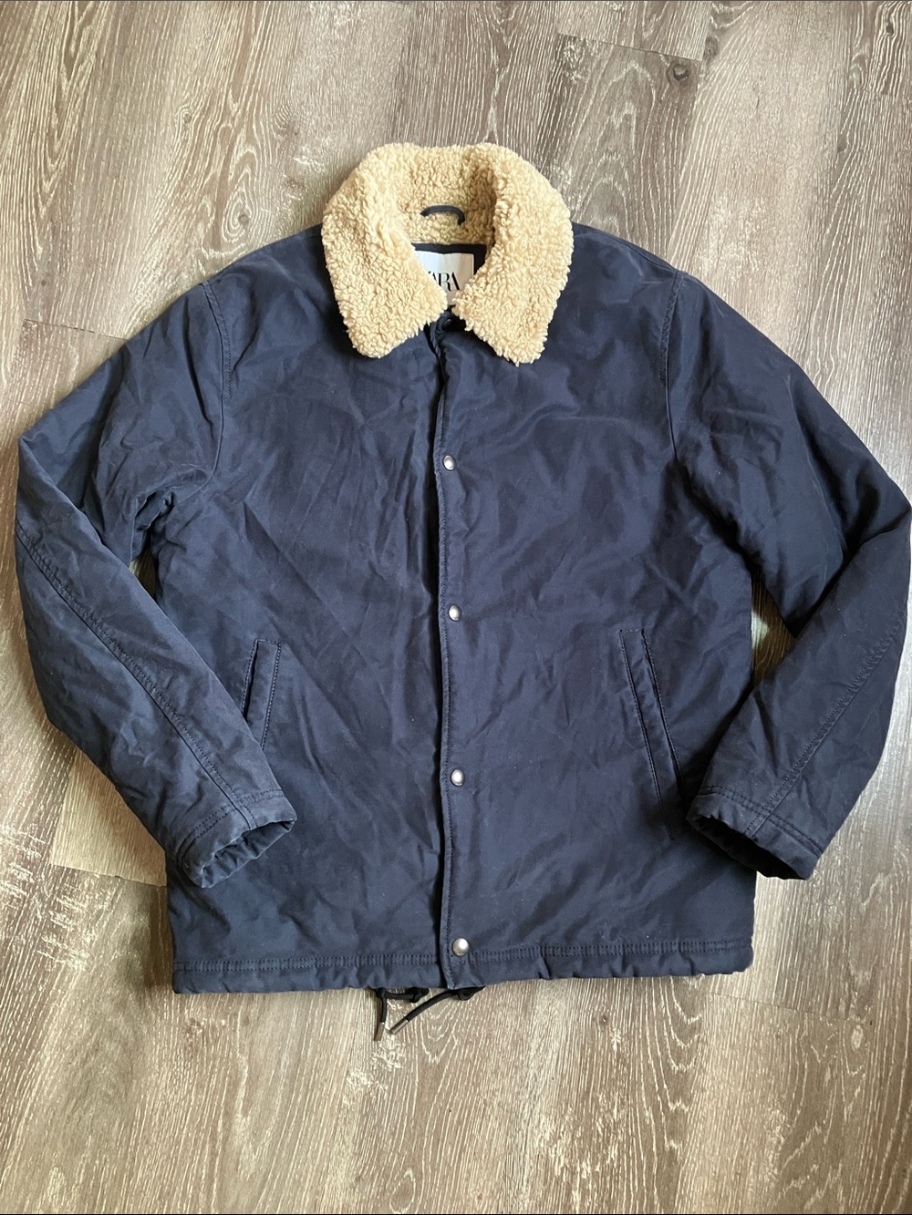 Zara Navy Field Jacket with Cream Sherpa Collar